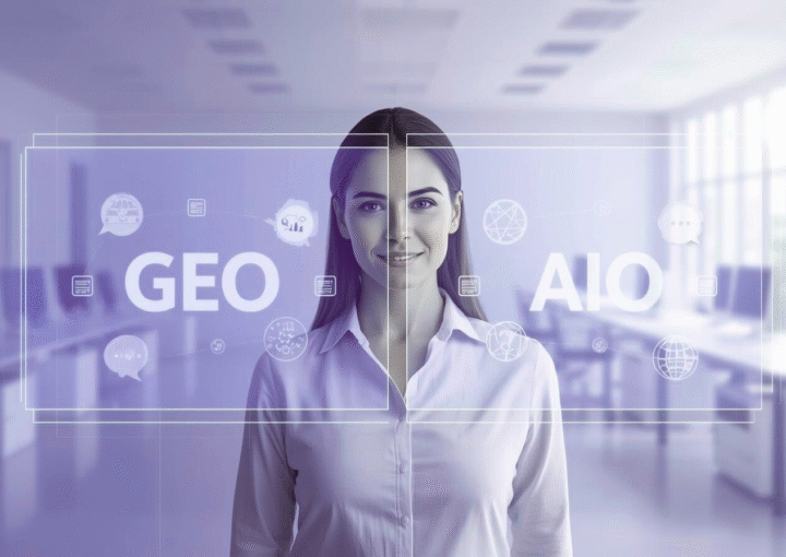 Une professionnelle souriante dans un bureau lumineux se tient devant un écran numérique affichant les mots GEO et AIO. L’image illustre la complémentarité entre le Generative Engine Optimization (GEO), qui aide à être cité par les IA génératives comme ChatGPT, et l’Artificial Intelligence Optimization (AIO), qui permet aux systèmes d’intelligence artificielle de bien comprendre et structurer le contenu des PME québécoises.
