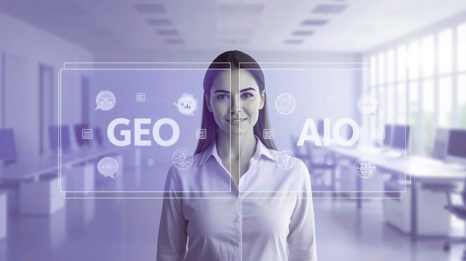 Une professionnelle souriante dans un bureau lumineux se tient devant un écran numérique affichant les mots GEO et AIO. L’image illustre la complémentarité entre le Generative Engine Optimization (GEO), qui aide à être cité par les IA génératives comme ChatGPT, et l’Artificial Intelligence Optimization (AIO), qui permet aux systèmes d’intelligence artificielle de bien comprendre et structurer le contenu des PME québécoises.